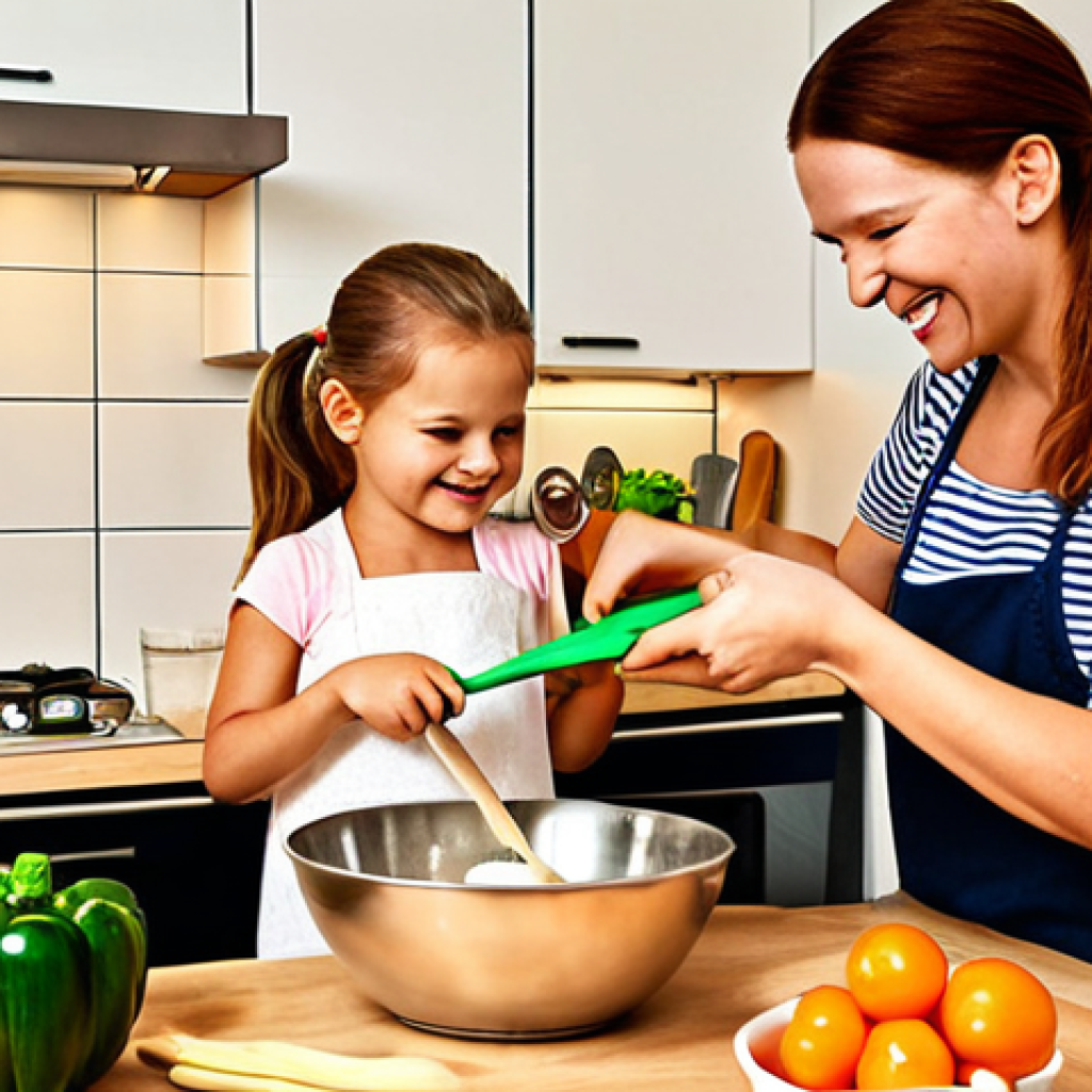**Cooking Adventure**: A young child, approximately 6-8 years old, is joyfully engaged in helping an adult prepare a meal in a bright, modern Swedish kitchen. The child is actively stirring a bowl or carefully washing vegetables (with age-appropriate safety tools visible), while the adult supervises with a warm smile. The scene should convey a sense of family bonding, learning, and playful chaos, with natural lighting and a cozy home atmosphere.