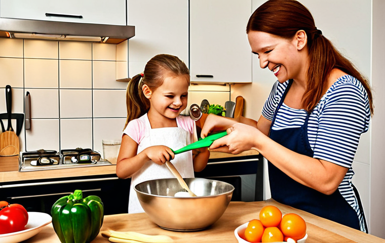**Cooking Adventure**: A young child, approximately 6-8 years old, is joyfully engaged in helping an adult prepare a meal in a bright, modern Swedish kitchen. The child is actively stirring a bowl or carefully washing vegetables (with age-appropriate safety tools visible), while the adult supervises with a warm smile. The scene should convey a sense of family bonding, learning, and playful chaos, with natural lighting and a cozy home atmosphere.