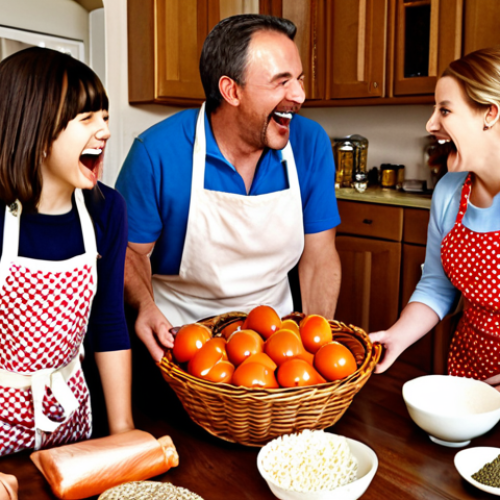 A family gathered around a kitchen table, laughing and wearing aprons, with various cooking ingredients scattered about. Mystery basket challenge.