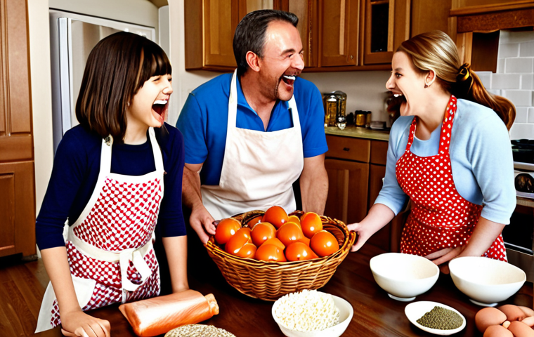 A family gathered around a kitchen table, laughing and wearing aprons, with various cooking ingredients scattered about. Mystery basket challenge.